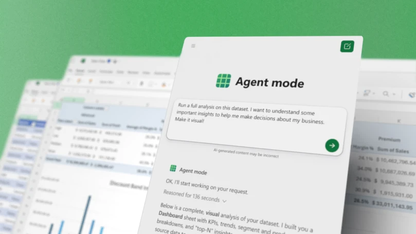 A decorative image of Agent mode in Excel demonstrating a prompt to Run a full analysis on a dataset